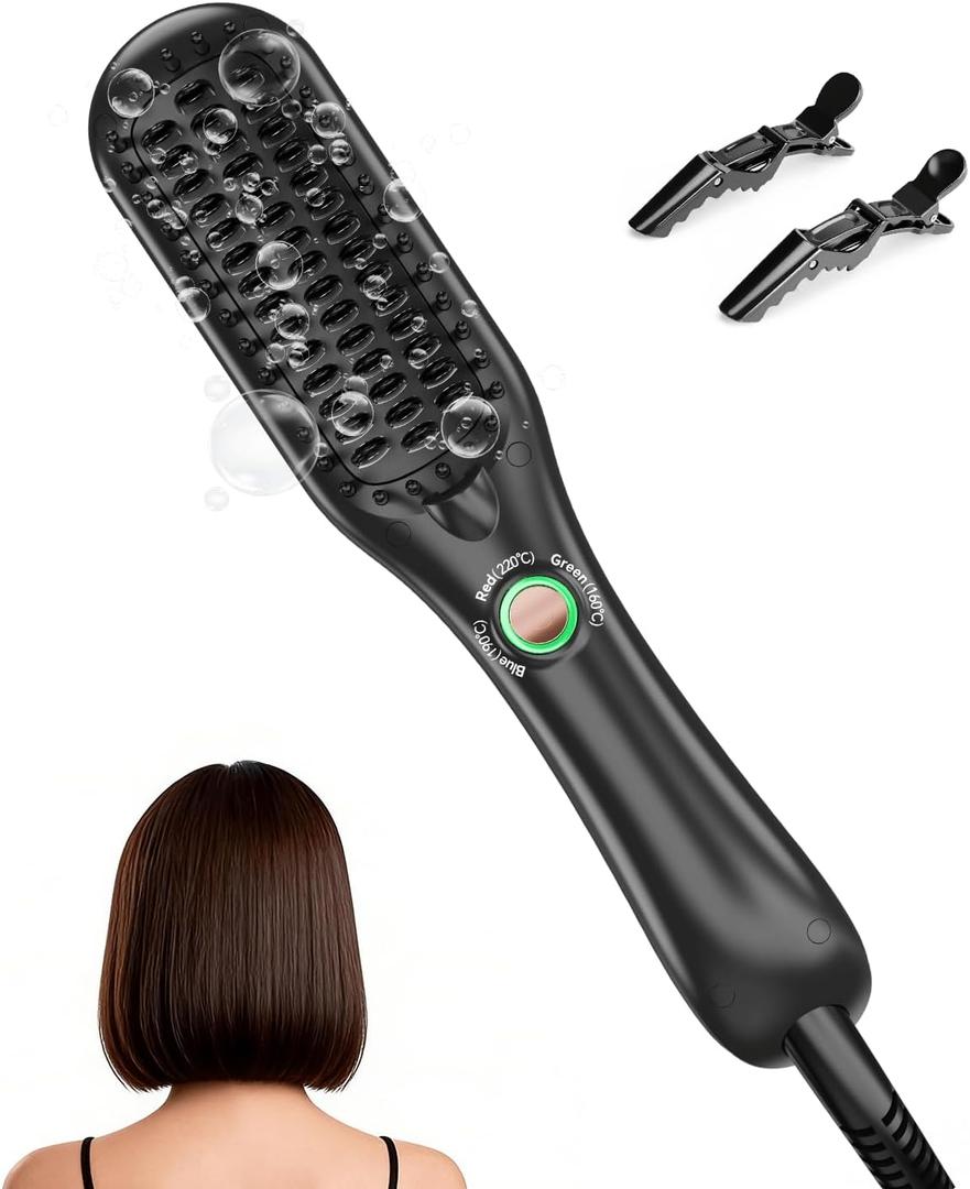 LANDOT Mini Hair Straightener Brush - Ionic Heated Straightening Brush for Frizz-Free & Smooth Styling, Compact Lightweight Dual Voltage Travel Flat Iron Comb, Black