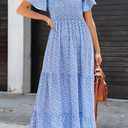 PRETTYGARDEN Women's 2026 Summer Casual Flutter Short Sleeve Boho Floral Maxi Dress Crew Neck Smocked Tiered Long Dresses (Blue, M)