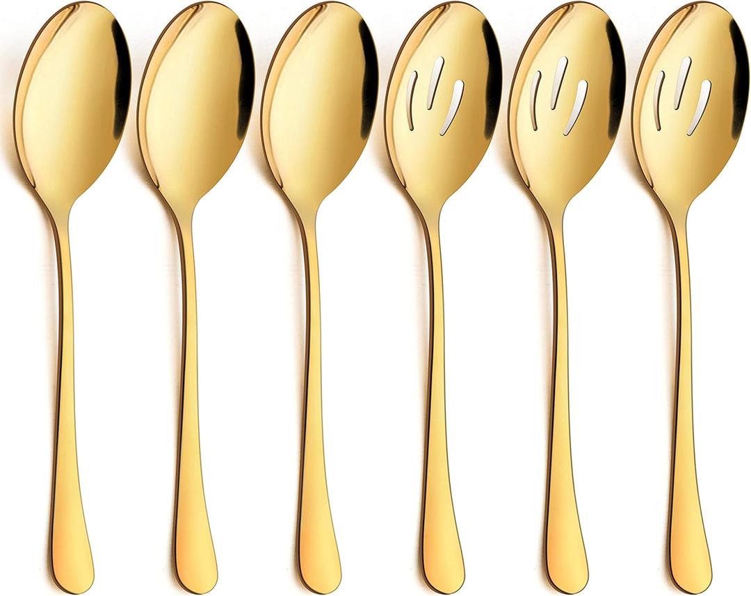 LIANYU 6 Pack Gold Serving Spoons Set, Large Slotted Spoons, Stainless Steel Buffet Dinner Restaurant Golden Serving Utensils, Catering Set for Party Banquet, 9.8 Inch