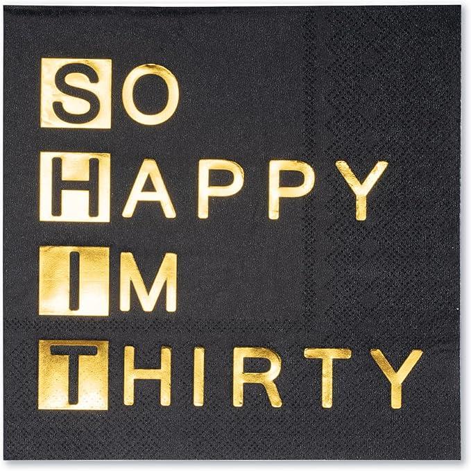 WRAPAHOLIC 50Pcs Black Gold 30th Birthday Napkins  3 Ply So Happy I'm Thirty Dirty 30 Disposable Paper Luncheon Napkin for Birthday Tableware Party Supplies  6.5 x 6.5 In