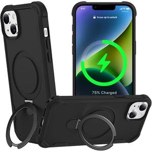 Designed for iPhone 14 Plus Case with Magnetic Stand [Military Drop Protection][Compatible with Magnet] Shockproof 14 Plus Phone Case with Ring Holder, Black
