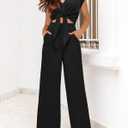 PRETTYGARDEN Women's Summer 2 Piece Outfits 2026 Cap Sleeve V Neck Belted Crop Tops Wide Leg Pant Sets Casual Tracksuit (Black, M)