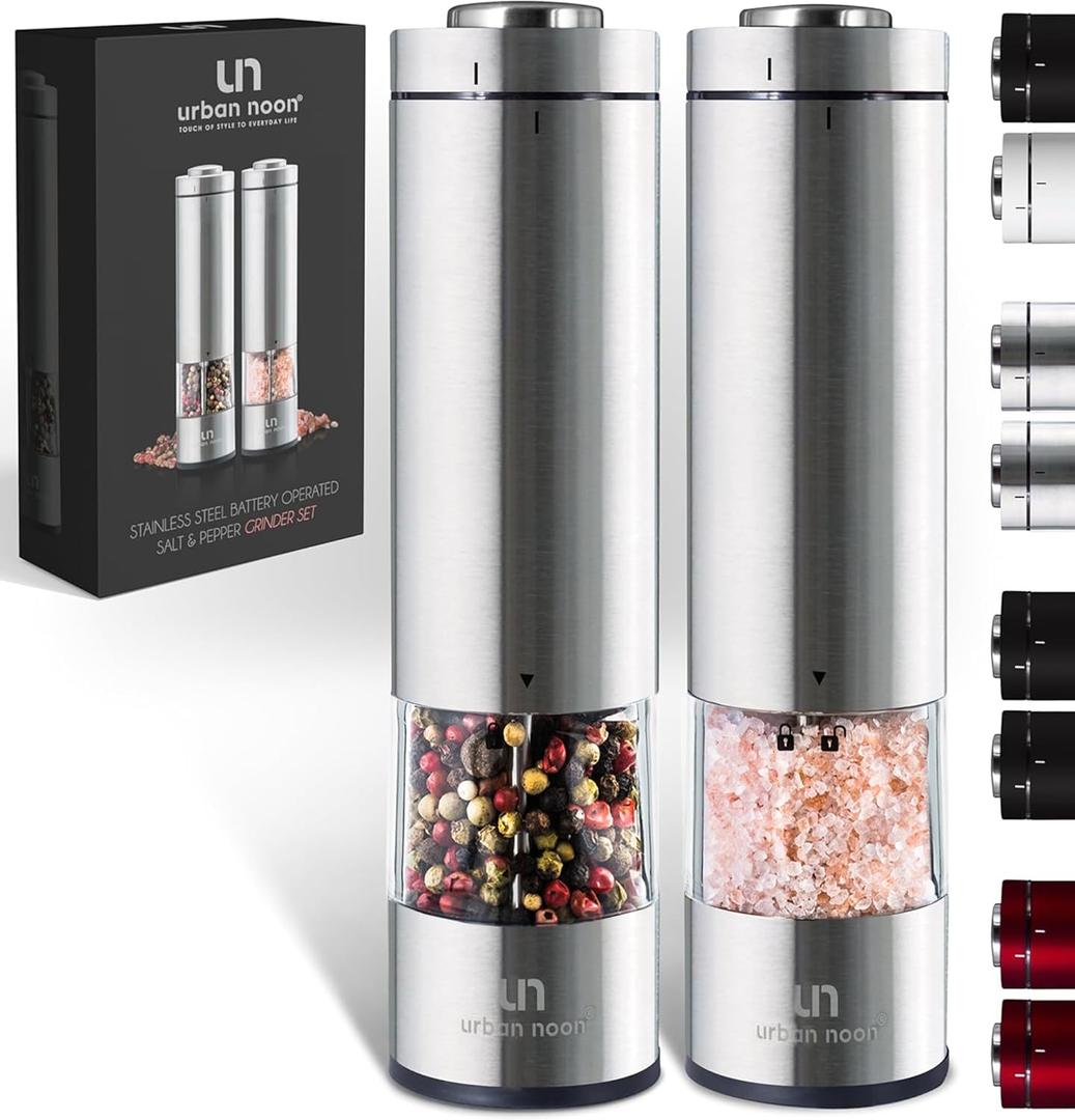 Electric Salt and Pepper Grinder Set - Battery Operated Stainless Steel Mill with Light (2 Mills) - Automatic One Handed Operation - Electronic Adjustable Shakers - Ceramic Grinders (Set of 2 - Battery Operated-UN8)