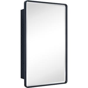 TEHOME Farmhouse Matt Black Recessed Bathroom Medicine Cabinet with Mirror Rounded Rectangle Metal Framed Medicine Cabinet with Beveled Mirror 20x30''