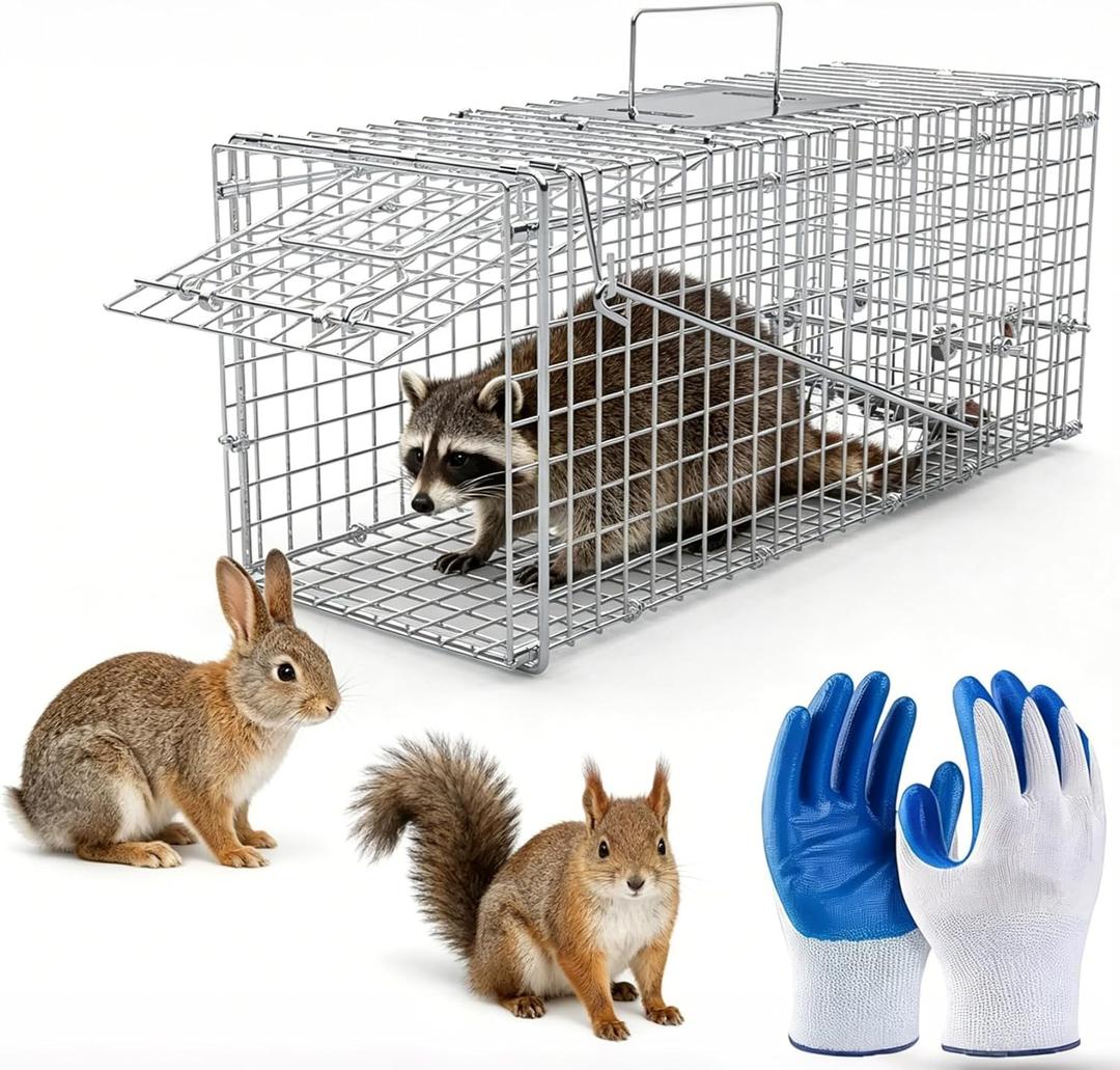 Humane Live Animal Cage Trap,29.13x9.44x1.18in Heavy Duty Collapsible Steel Catch Release Animal Cage W/Gloves for Rabbit Squirrel Possum Skunk Kitten Raccoon and More