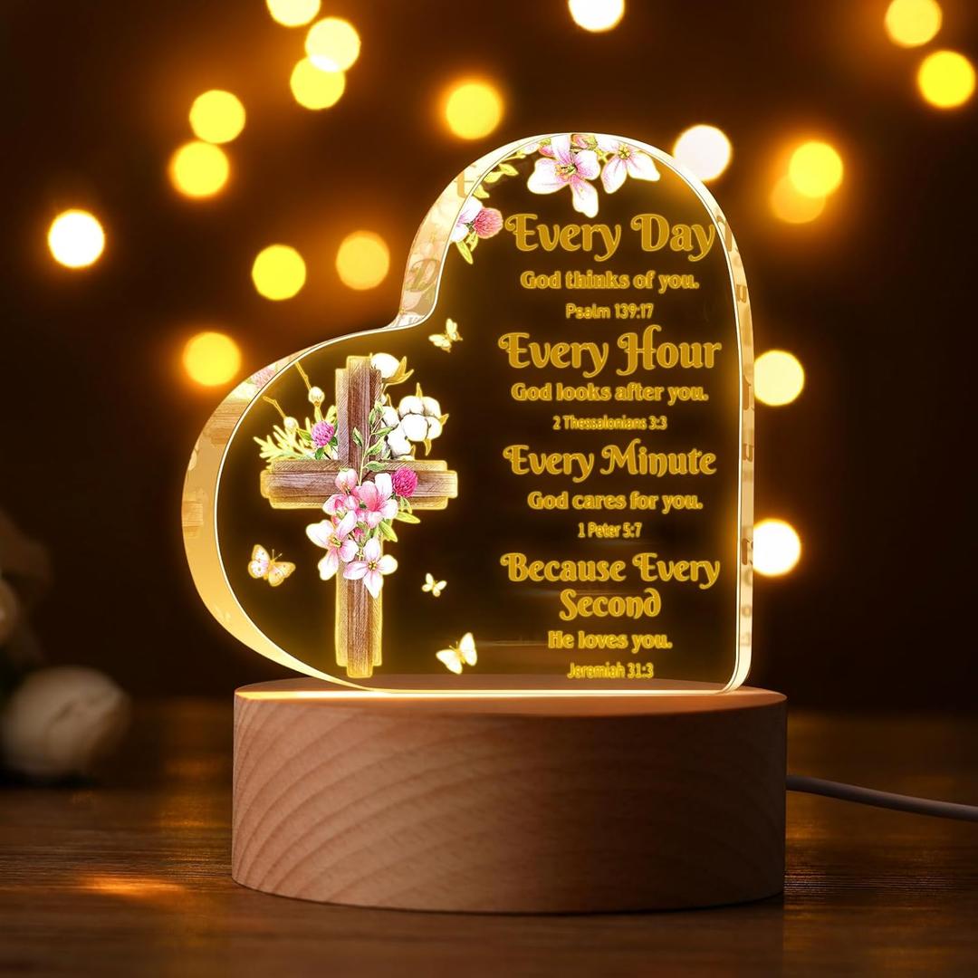 Retisee Christian Bible Verses Gifts for Women Christian Lamp Inspirational Jesus Religious Gift Clear Acrylic Heart Night Light for Christmas Decor Family Keepsake with Warm Color LED Base