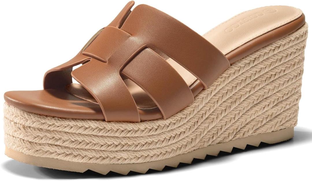 Coutgo Women's Wedge Sandals Platform Espadrille Heels Open Toe Strappy Slip On Casual Summer Slide Shoes (9, Brown)