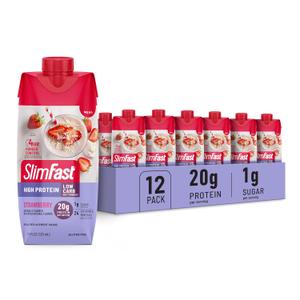 SlimFast Protein Shake, Strawberry- 20g Protein, Meal Replacement Shake Ready to Drink, High Protein with Low Carb and Low Sugar, 24 Vitamins and Minerals, 12 Count (Pack of 1) (Packaging May Vary) (EXP 08/31/26)