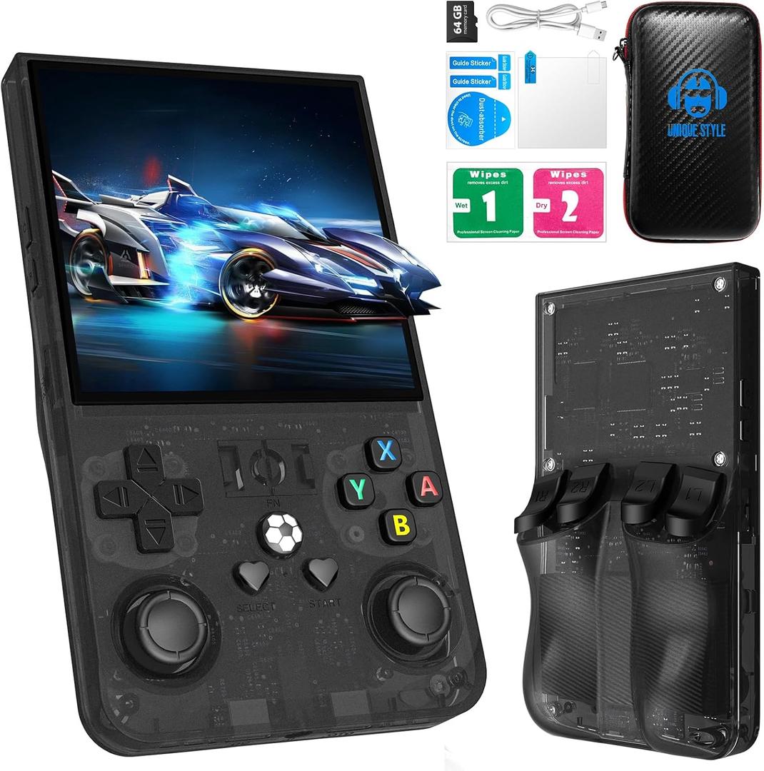2025 New Upgrade R36MAX Retro Handheld Game Console with 64G Built-in 18000+ Classic Games, Portable Hand Held Open Source Linux System 4.0-in 4k HD IPS Screen Video Player (Black 64GB)
