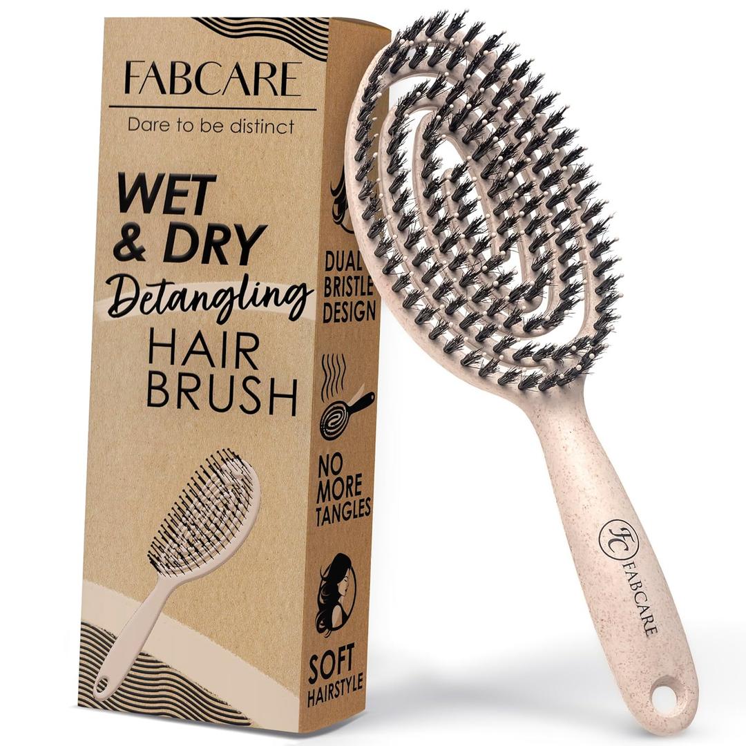 FABCARE Detangling Hair Brush for Women, Men, and Children, Curved Hairbrush for Blow Drying with Boar Bristles, Detangler Thick or Curly Hair, Suitable for Dry or Wet Hair (Beige)