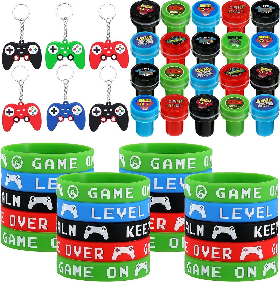 Aoriher 60 Pieces Video Game Party Favors Gifts Set Includes 20 Video Game Bracelets Wristbands 24 Stampers and 16 Handle Keychains for Party Supplies(Classic Style)