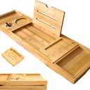 XcE Foldable Bamboo Bathtub Caddy Tray - Expandable to 41 Inches with Non-Slip Pads & Book Stand for Couples Luxury Bath