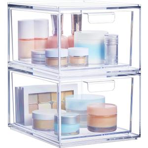 STORi Audrey Stackable Clear Bin Plastic Organizer Drawers | 2 Piece Set | Organize Cosmetics and Beauty Supplies on a Vanity | Made in USA (4.5" Tall)