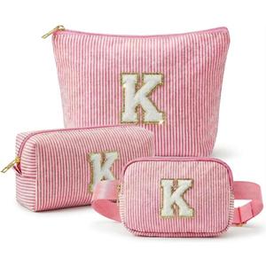 2 x Personalized Initial Makeup Bag Set, 3pcs Monogram Makeup Bag with Large & Small Pouch and Waist Bag, Initial Makeup Bag Organizer for Travel, Luggage, Daily Use and Cute Gifts (K)