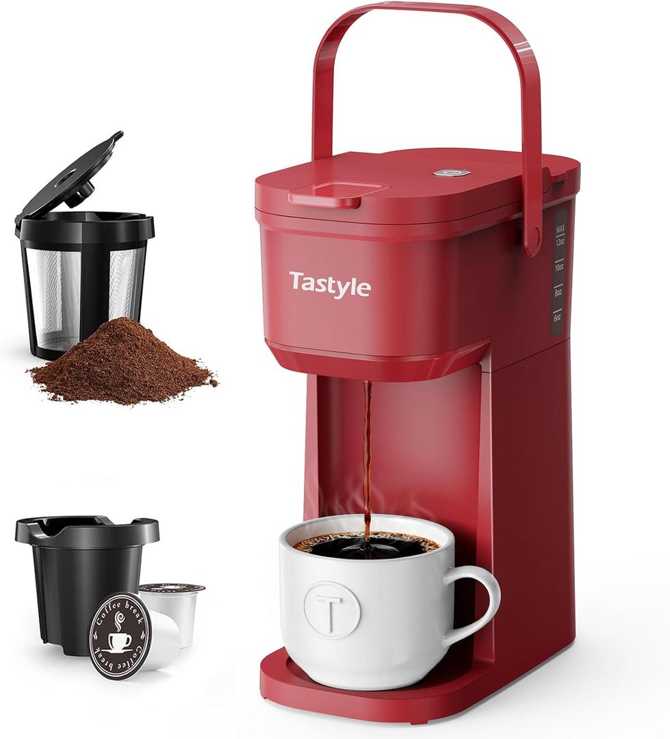 Tastyle Mini Single Serve Coffee Maker for K Cups and Grounds with Handle | for Travel, Camping, Office, RV and Dorm, Portable Handle, 120V, 6 to 12 Oz Brew Size, BPA Free, K302, Vintage Red
