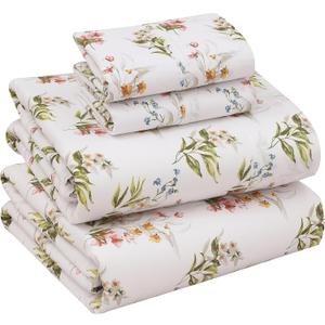 RUVANTI 100% Cotton Sheets Queen Size Set, 4 Pieces, Soft & Breathable Percale Weave Bedding, Deep Pocket 16", Hotel Standard, Crisp Cool Feeling, Durable, Perfect Floral Bed Sheet, Floral Bliss