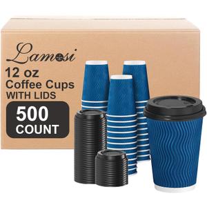 Lamosi Disposable Coffee Cups with Lids 12 OZ 500 Pack, Insulated Paper Corrugated Ripple Wall To Go Cup for Hot Beverages - Blue Lamosi Disposable Coffee Cups with Lids 12 OZ 500 Pack, Insulated Paper Corrugated Ripple Wall To Go Cup for Hot Beverages - Blue