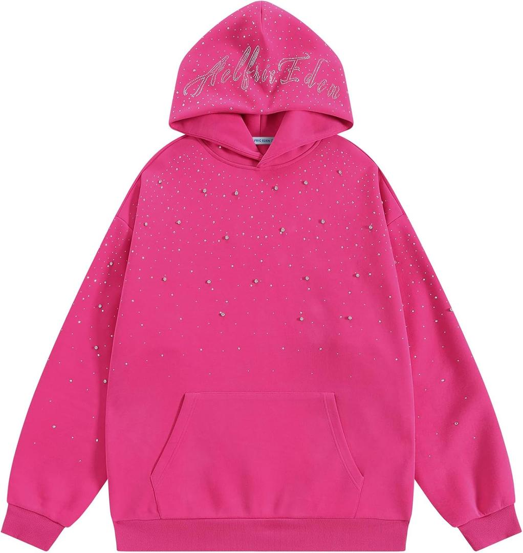 Aelfric Eden Rhinestone Hoodies Men Women Diamond Hooded Sweatshirt Fashion Luxury Casual Streetwear Unisex Hoodie Pullover (Pink, M)