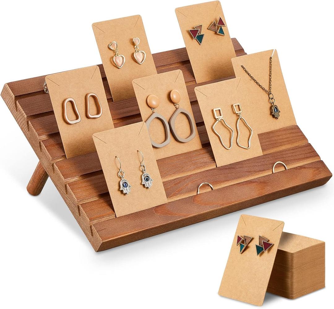 Blulu 31 Pack Wooden Earring Display Stand 7 Slots jewelry Display Holder with Earring Card for Selling Vendors Retail Show (Light Brown)