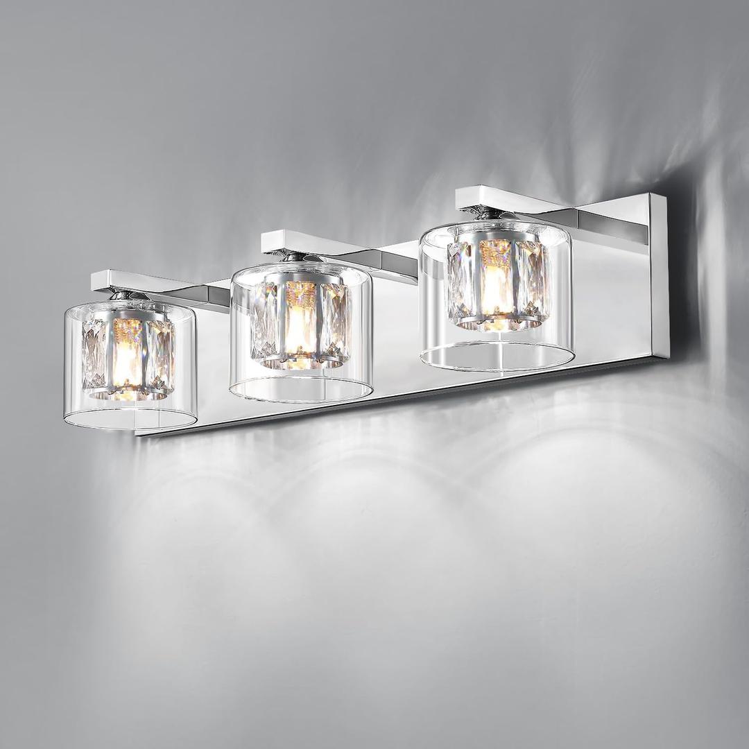Modern Crystal Bathroom Vanity Lights, 3-Light Chrome Bathroom Light Fixtures Over Mirror, Crystal Inside Wall Sconce Lighting with Clear Glass Outer Shade, 20.5 inch Wall Sconces