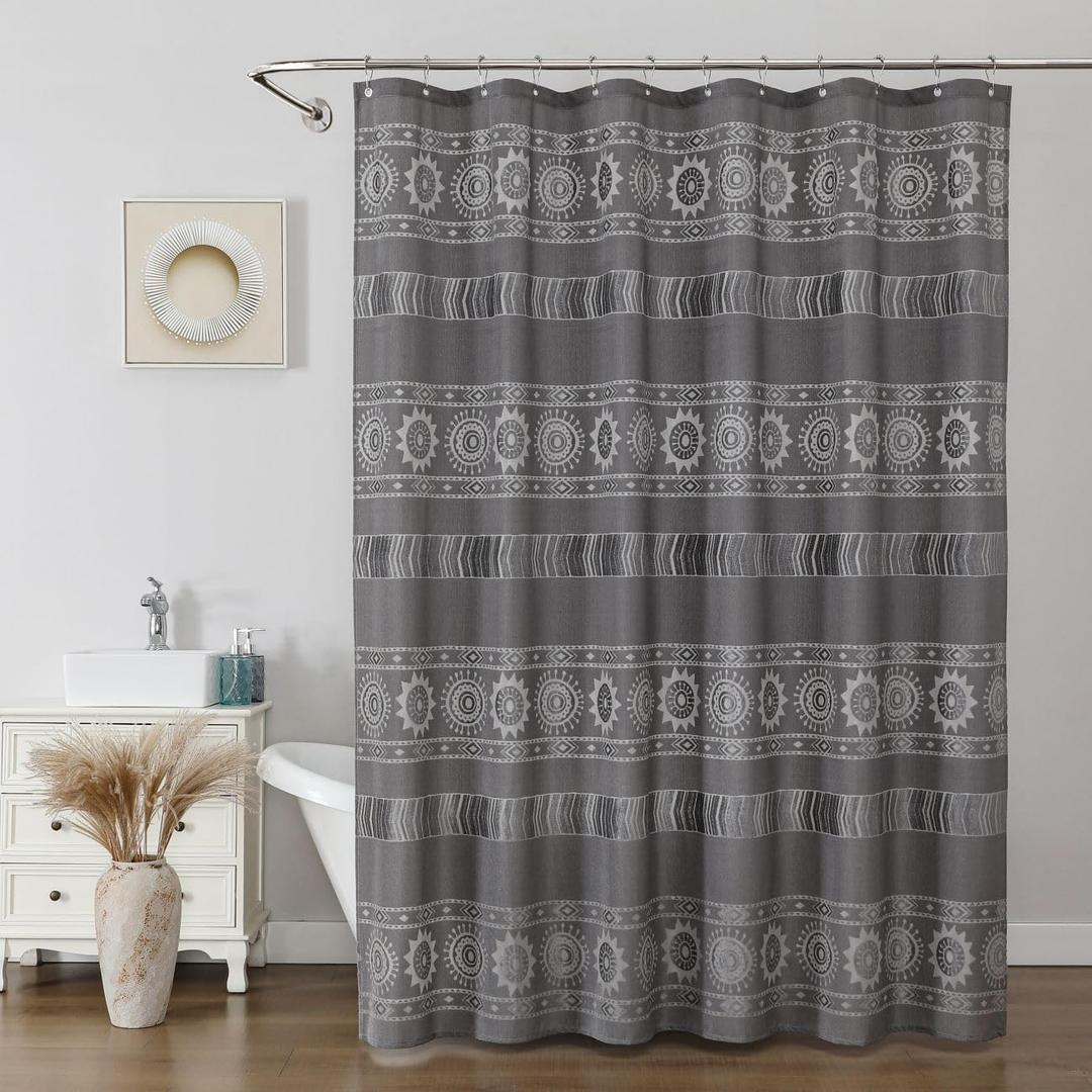 Boho Shower Curtain with Hooks, Grey Sheer Shower Curtain Set, Vintage Farmhouse Curtains - Waterproof Bathroom Decor for Home and Apartment, 12 Plastic Hooks Included, 72Wx72L, Sun Flower