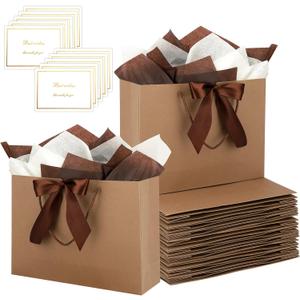 Brown Gift Bags with Handles and Ribbons - 10Pcs Gift Bag with 10 Tissue Paper 10 Greeting Cards, Welcome Gifts Thank You Bags for Birthday, Wedding, Mothers Day, Baby Shower, Bridal Shower, Party (12.6''x9.8''x4'')