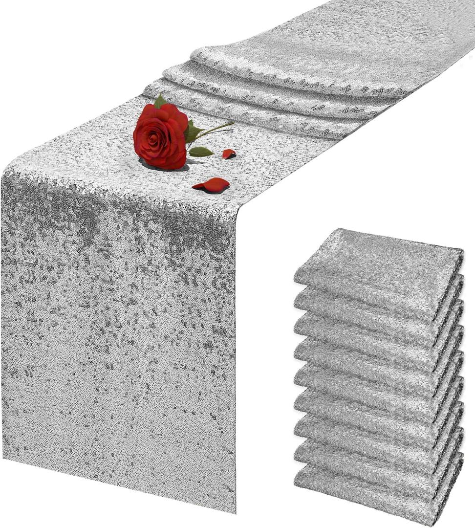10 Packs 12 x 72 inches Silver Sequin Table Runner, Glitter Runner for Birthday Party Supplies Wedding Holiday Celebration Baby Shower Engagement Anniversary Decor