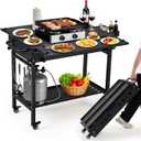 Portable Outdoor Grill Table with Wheels, Heavy-Duty Steel Prep Table, Folding Griddle Stand with Shelves, Bottle Opener, No Assembly Required, for BBQ, Pizza Oven, Patio, 42.5*36*30.7- Black
