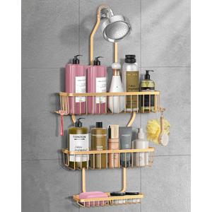 Shower Caddy Hanging - Never Rust Shower Hanging Organizer - Aluminum Over the ShowerHead Caddy with Soap Basket and 6 Razor/Sponge Hooks (Gold)