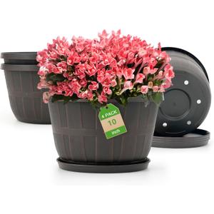 Quarut 10 inch Plastic Flower Pots for Indoor Plants4 Pack Large Outdoor Planter Pot with Drainage Holes & SaucersImitation Wine Barrel Designfor Indoor Outdoor Garden PlantsBrown