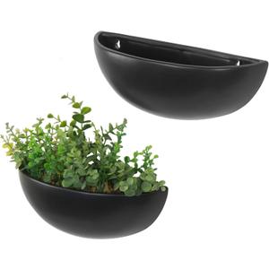 MyGift Matte Black Ceramic Indoor Wall Planter, 12 Inch Semi Circle Hanging Wall Vase, Set of 2