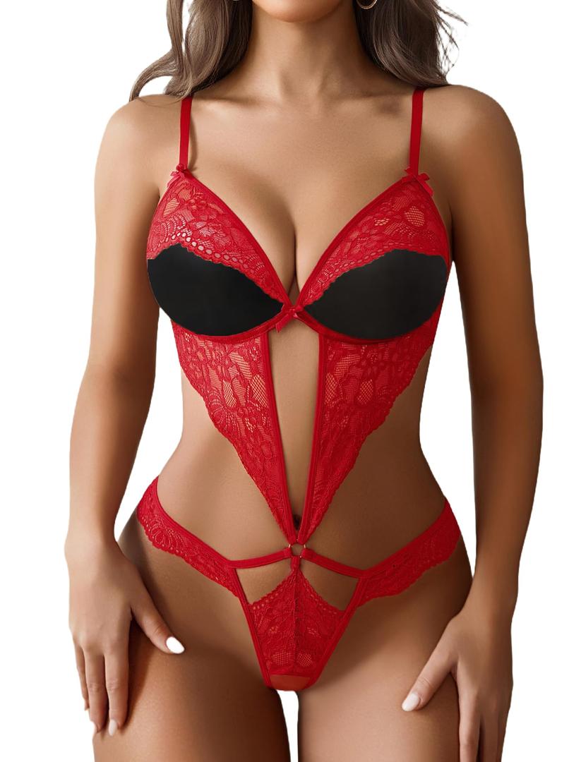 2 x Avidlove Women Sexy Lingerie Lace Bodysuit Teddy Lingerie V Neck One Piece Babydoll Valentines Lingerie Red XL, (Mix Colors) (XL)