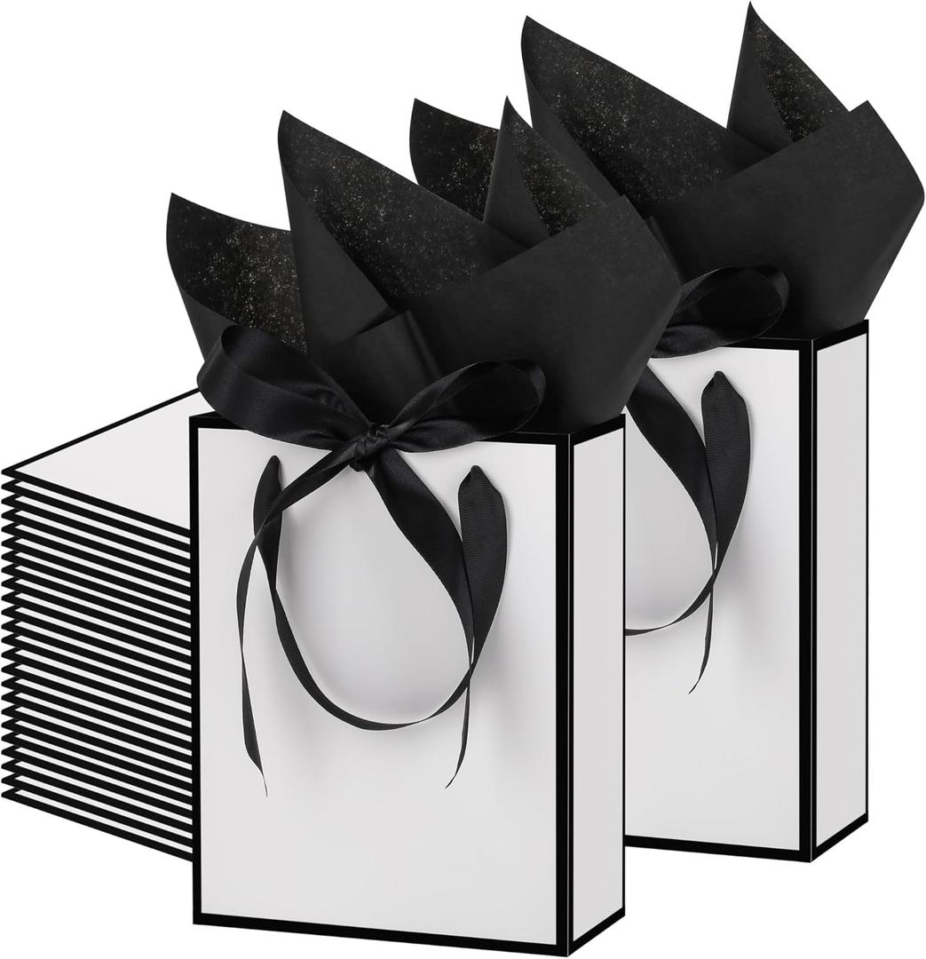 OEMVALATY 24 Pcs Thank You Gift Bags with Handles and Tissue Paper 9 x 7 x 3. 15'' Elegant Welcome Gift Bags with Bow Ribbon for Wedding Bridesmaid Baby Shower Groomsmen Birthday Party(White, Black)