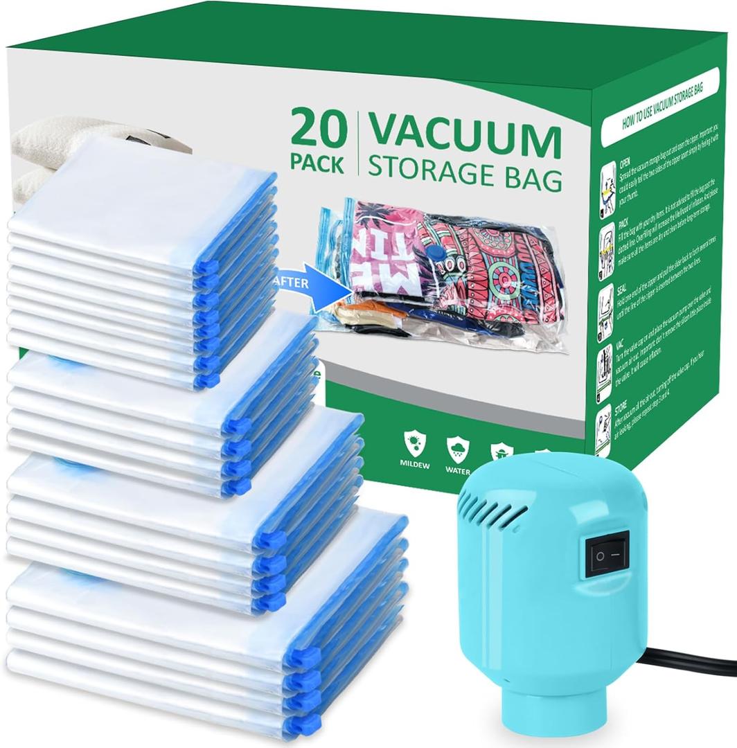 ZPP Vacuum Storage Bags with Electric Pump, 20 Pack (4 Jumbo, 4 Large, 4 Medium, 4 Small, 4 Roll Up Bags) Vacuum Seal Bags for Clothes, Mattress, Blanket, Comforters, Travel, Moving