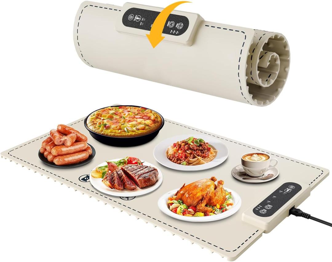 Negative ion Food Warming Mat with Adjustable Temperature,Foldable Electric Warming Tray for Parties Features 3 Modes & Fast Heating,Roll Up Food Warmer for Parties,Shabbat,Christmas (White) (White - Size: 23.6"x15")