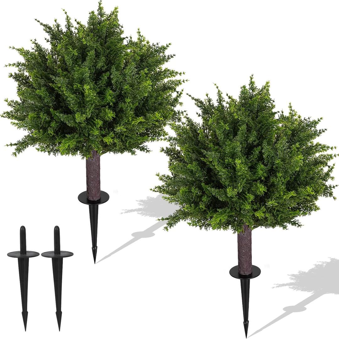 24.5 Inch Set of 2 Topiary Cedar Trees Artificial Outdoor