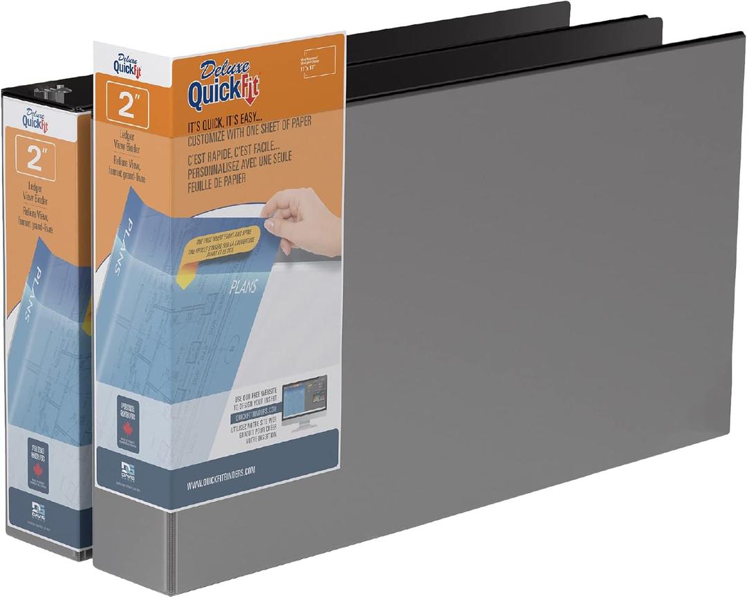 QuickFit Heavy Duty 11 x 17 Inch Spreadsheet View Binder, D Ring, Black, 2 Pack, 2 Inch