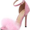 Women's Open Toe Ankle Strap Fluffy Feather Stiletto High Heel Dress Sandal (10, Pink)