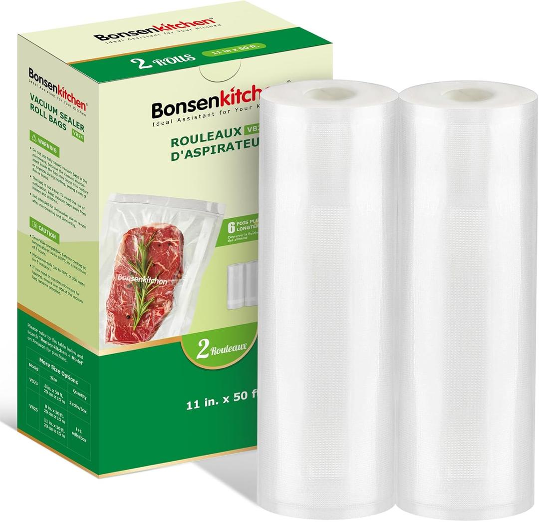 Bonsenkitchen Vacuum Sealer Bags Rolls, 11 in x 50 ft Rolls 2 pack Durable Food Sealer Bags, Commercial Grade, Heavy Duty, BPA Free, Seal a Meal, Great for Food Storage & Sous Vide Cooking, VB24