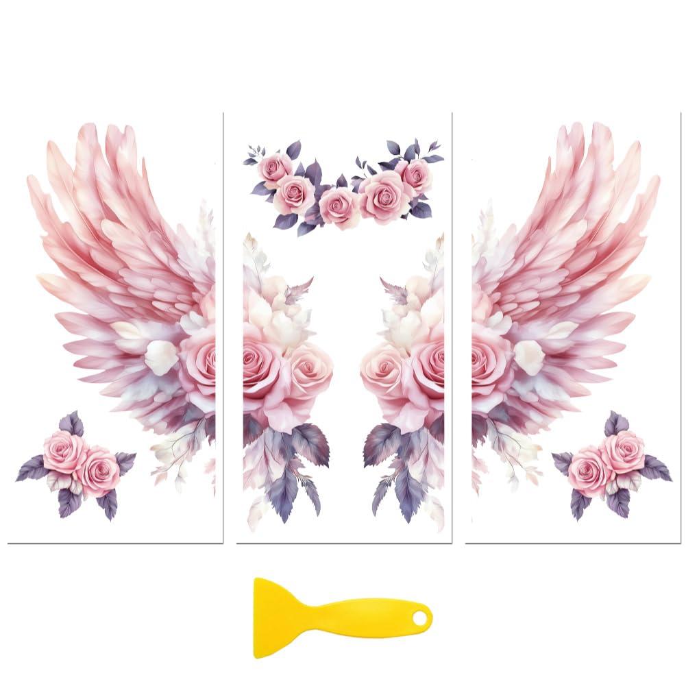 Peacoblue Rub on Transfer Decal Sticker for Furniture Craft Decor 6"x12" Pink Roses and Angel Wings, 3Pcs Waterproof UV DTF Transfer for Drawer Dresser Glass Porcelain Wood Plastic Window 