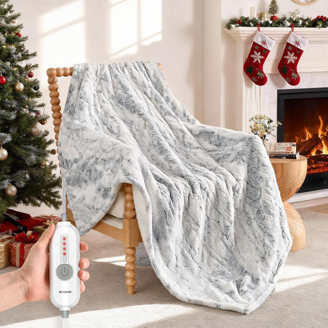 Electric Heated Throw Blanket 50"x 60", Reversible Super Cozy Faux Fur&Sherpa, Fast Heating,4 Heating Levels & 4H Auto Off, Machine Washable, Overheat Protection, Gift, Marble Blue