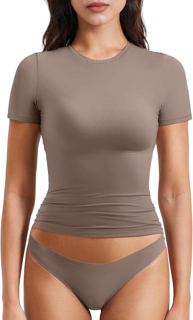 YEOREO Women Fitted Workout Tops Short Sleeve Double Lined Basic Y2K Going Out Crew Neck Compression Crop Top (Small, Brown)