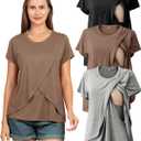 Rnxrbb 3 Pack Women's Nursing Tops for Breastfeeding Summer Short Sleeve T Shirts Postpartum Double Layer Clothes, Large