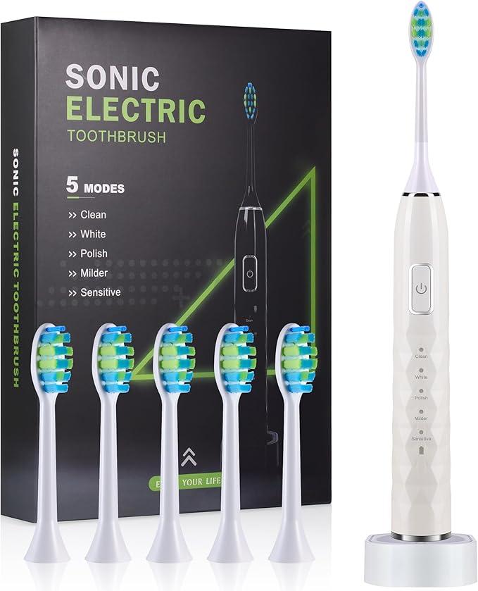 Sonic Electric Toothbrush for Adults - Deep Cleaning Teeth Whitening6 Replacement Brush Heads100-Day Battery5 Modes w/SensitiveIPX7 Waterproof (Color Options) (Black)