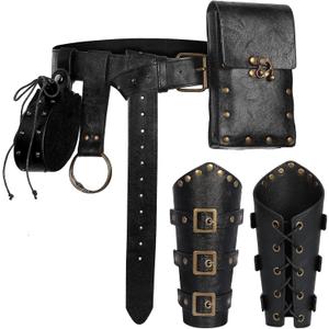 Renaissance Belt Pouch Set Medieval Viking Pirate Leather Belt Pouch & Bracers, Festival Accessories for Halloween (Black)
