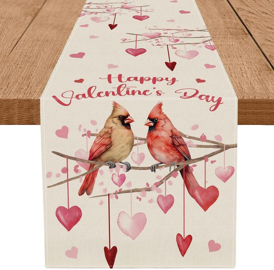 Happy Valentines Day Table Runner Cardinal Bird Love Hearts Kitchen Dining Table Holiday Anniversary Indoor Home Party Decorations 13x72 Inch