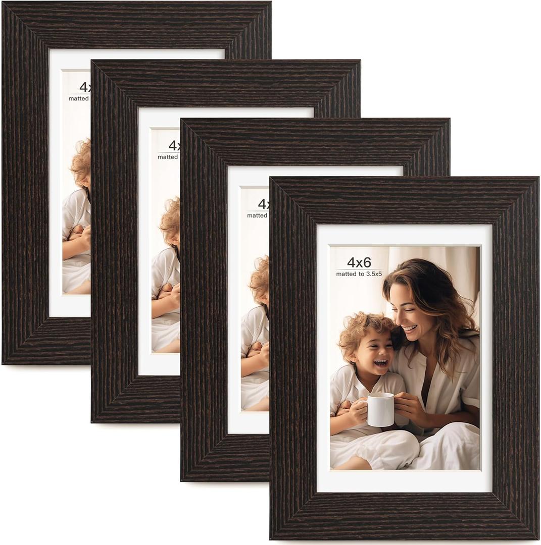 FinalFind 4x6 Picture Frame with Mat for 3.5x5, Black Wood Grain Picture Frames Display on Tabletop or Wall Mounting (4 Pack,Black)