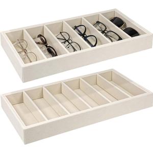 2pcs Velvet Sunglasses Tray,6 Grid Sunglasses Storage Organizer Tray,Stackable Glasses Display Case for Glasses Rings Necklaces Bracelet Watch, Eyeglass Trays for Women and Men (Beige,157.67in)