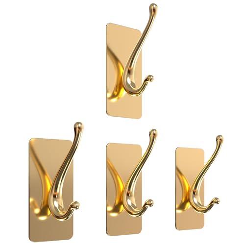 Luxury Adehesive Towel Hooks for Wall, Heavy Duty Coat Hook for Hanging Jacket,Towel, Robe, Loofah, in Kitchen, Bathroom (4,Gold)
