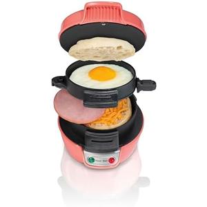 Hamilton Beach Breakfast Sandwich Maker with Egg Cooker Ring, Customize Ingredients, Perfect for English Muffins, Croissants, Mini Waffles, Perfect White Elephant Gifts, Coral (25483)